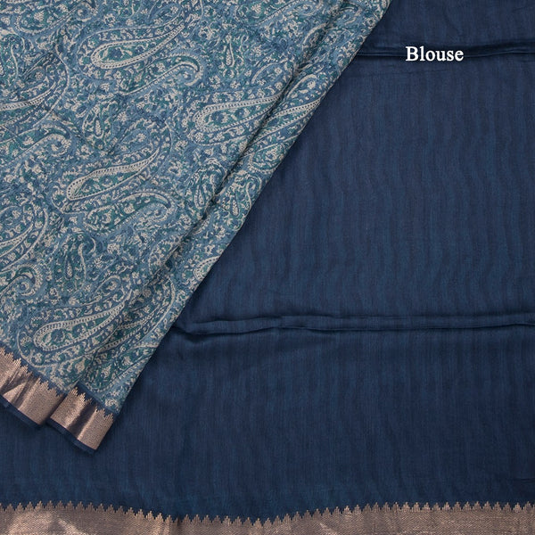 Pure Tussar Peacock Blue Floral Printed Saree