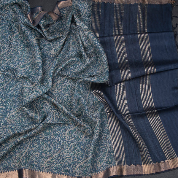 Pure Tussar Peacock Blue Paisley Printed Saree