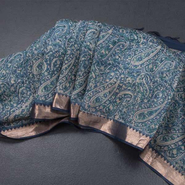 Pure Tussar Peacock Blue Floral Printed Saree