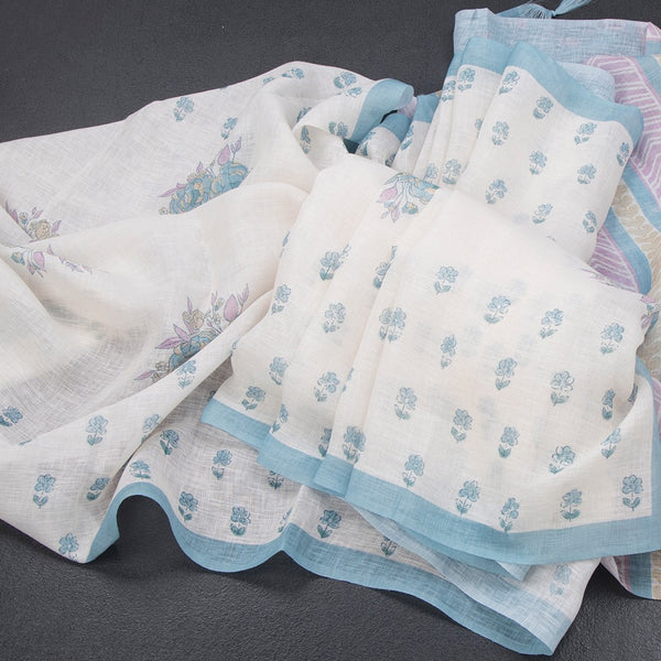 Semi Linen Cream Floral Printed Saree 07