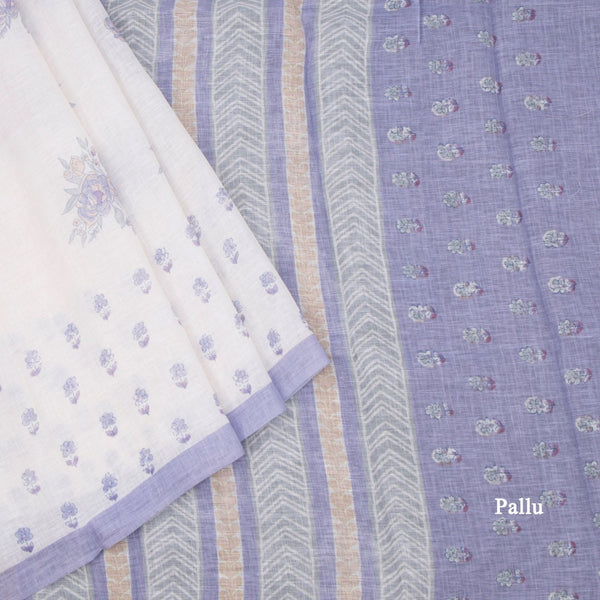 Semi Linen Cream Floral Printed Saree 06