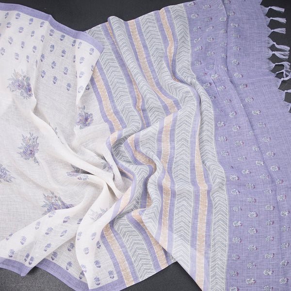 Semi Linen Cream Floral Printed Saree 06