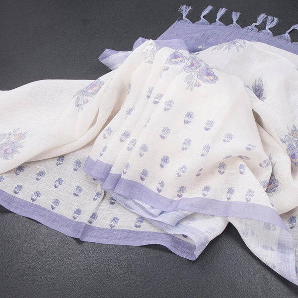 Semi Linen Cream Floral Printed Saree 06