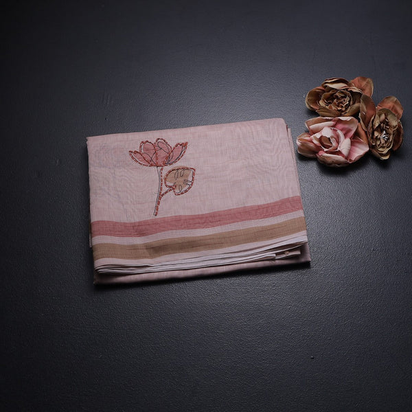 Semi Linen Light Brown Painted With Thread Work Saree