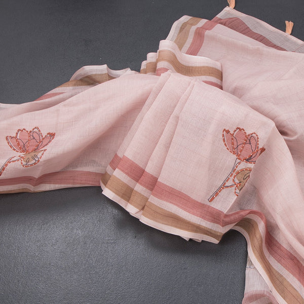 Semi Linen Light Brown Painted With Thread Work Saree