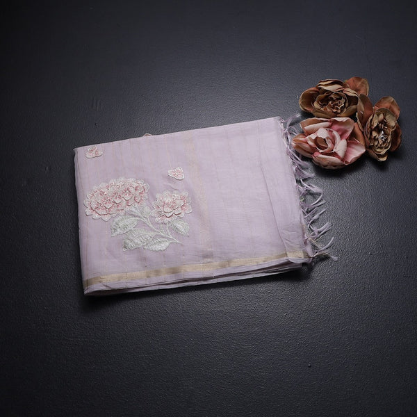 Raw Silk Baby Pink Floral Thread Work Saree 02