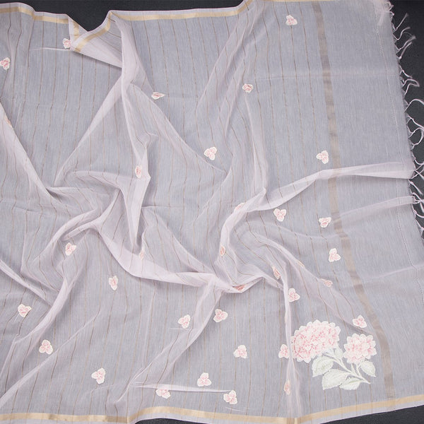 Raw Silk Baby Pink Floral Thread Work Saree 02