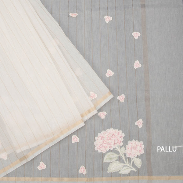 Raw Silk Cream Floral Thread Work Saree