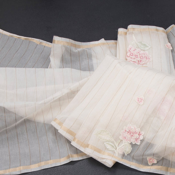 Raw Silk Cream Floral Thread Work Saree