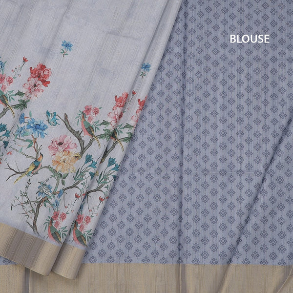Raw Silk Grey Floral Printed Saree 05