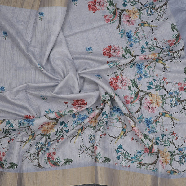 Raw Silk Grey Floral Printed Saree 05