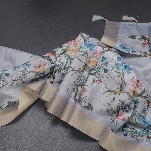 Raw Silk Grey Floral Printed Saree 05