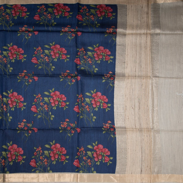 Pure Tussar Dark Blue Floral Printed Saree 03