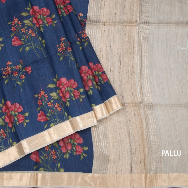 Pure Tussar Dark Blue Floral Printed Saree 03