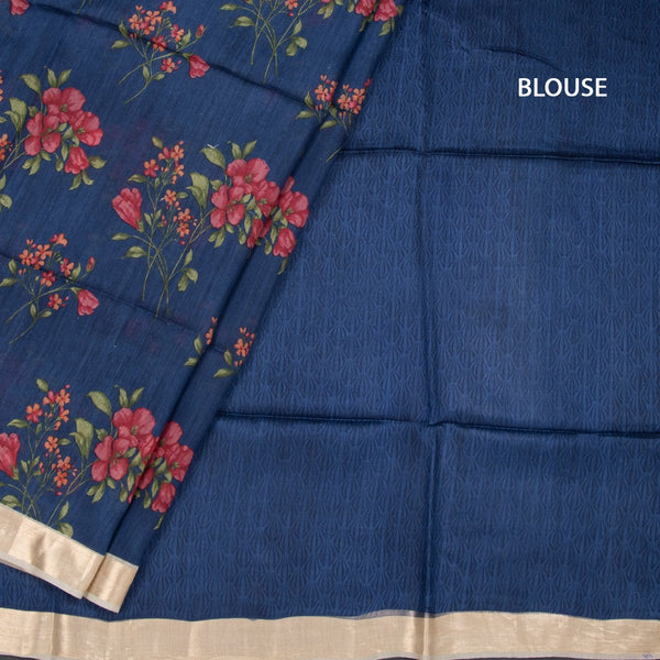 Pure Tussar Dark Blue Floral Printed Saree 03