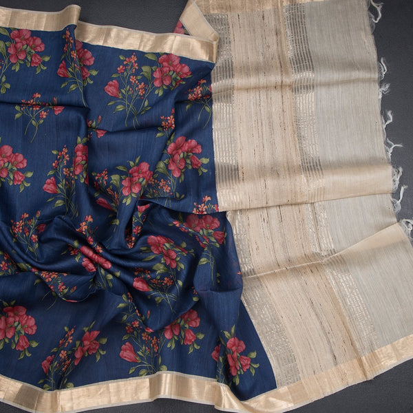 Pure Tussar Dark Blue Floral Printed Saree 03