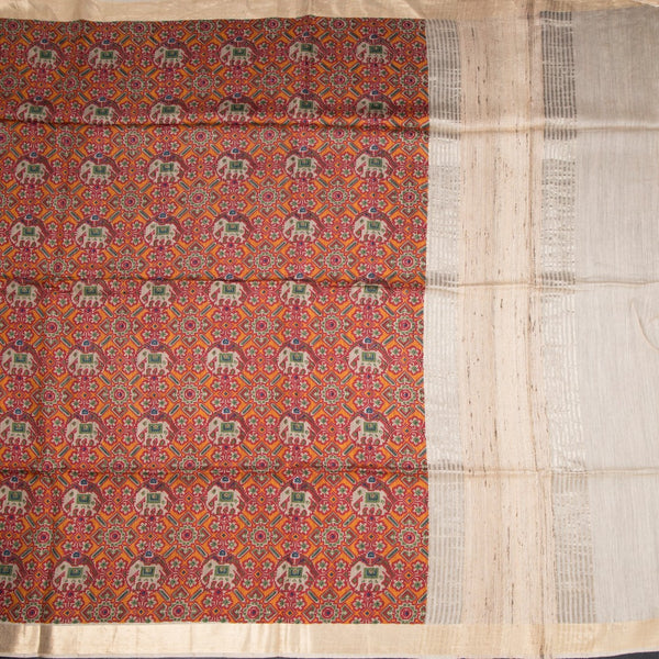 Raw Silk Orange Printed Saree