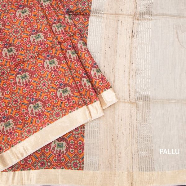 Raw Silk Orange Printed Saree