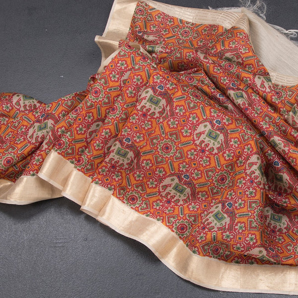 Raw Silk Orange Printed Saree