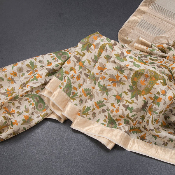 Pure Tussar Cream Leaf Printed Saree 02