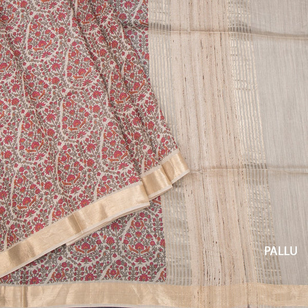 Pure Tussar Cream Floral Printed Saree 04
