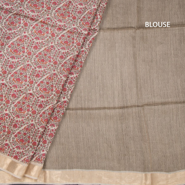 Pure Tussar Cream Floral Printed Saree 04