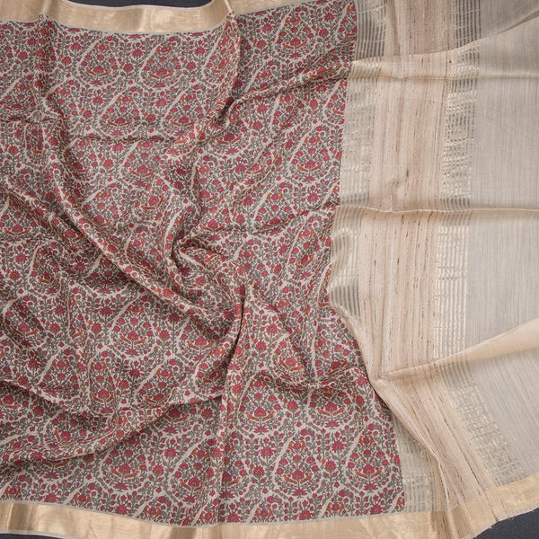 Pure Tussar Cream Floral Printed Saree 04
