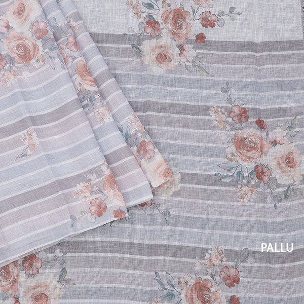 Semi Linen Cream Floral Printed Saree 09