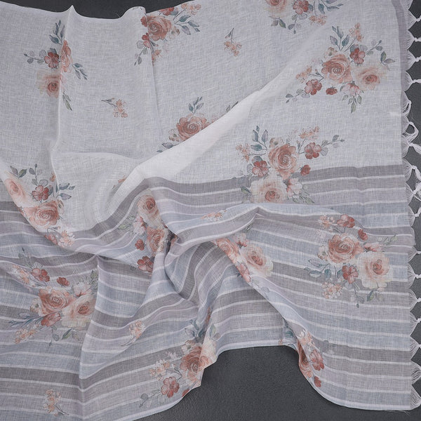 Semi Linen Cream Floral Printed Saree 09