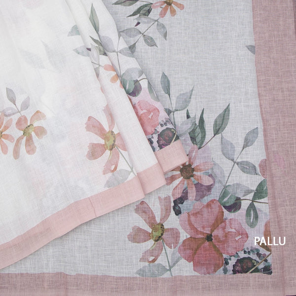 Semi Linen Cream Floral Printed Saree 11