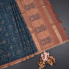 Raw Silk Dark Teal Blue Printed Saree