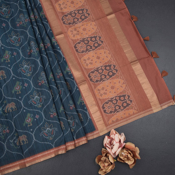 Raw Silk Dark Teal Blue Printed Saree