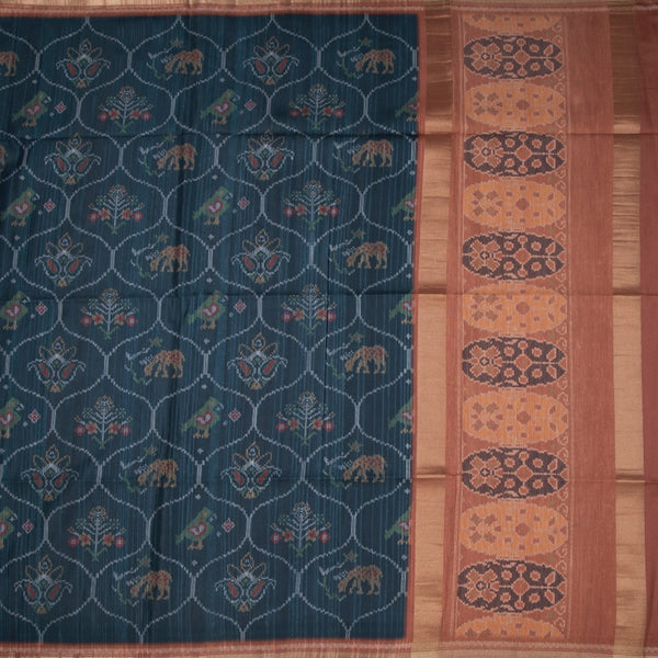 Raw Silk Dark Teal Blue Printed Saree