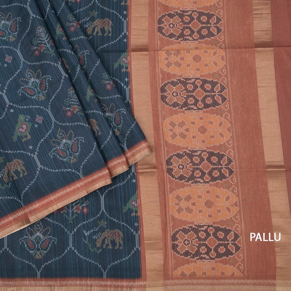 Raw Silk Dark Teal Blue Printed Saree