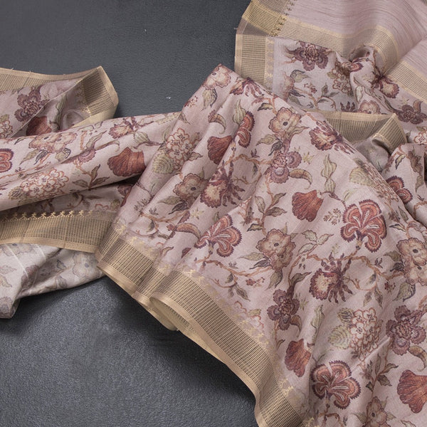Raw Silk Light Brown Printed Saree 06