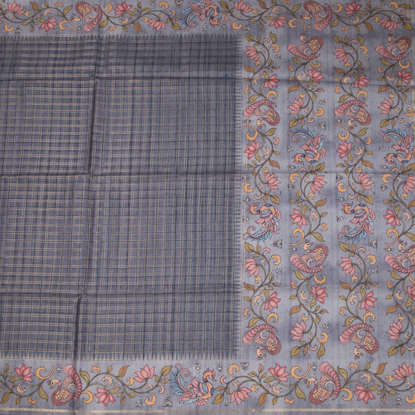 Raw Silk Grey Zari Checked Saree