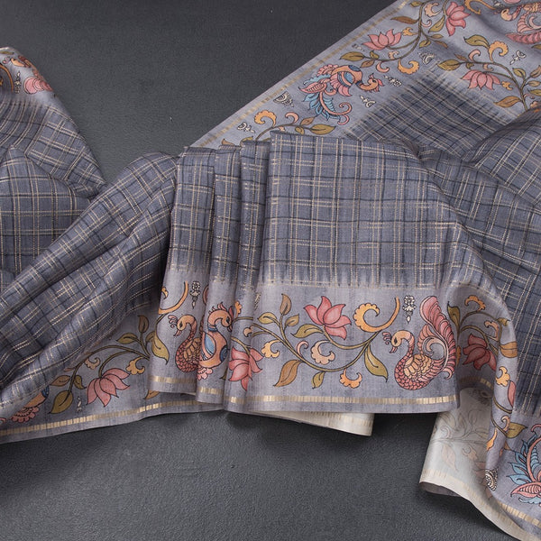 Raw Silk Grey Zari Checked Saree