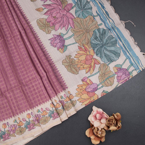Raw Silk Dark Onion Pink Zari Checked Saree