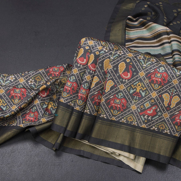 Raw Silk Grey Printed Saree 05