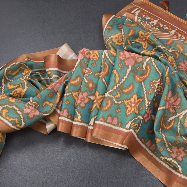 Raw Silk Dark Green Floral Printed Saree