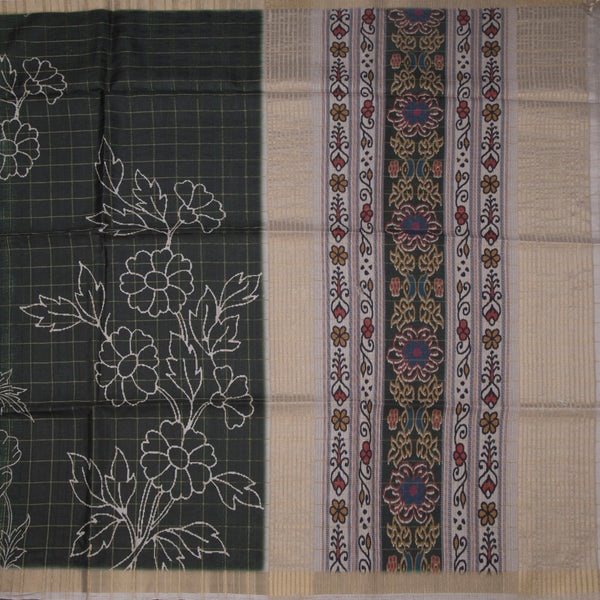 Raw Silk Dark Green Zari Checked With Printed Saree