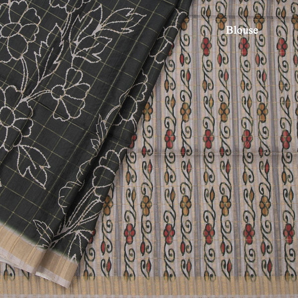 Raw Silk Dark Green Zari Checked With Printed Saree