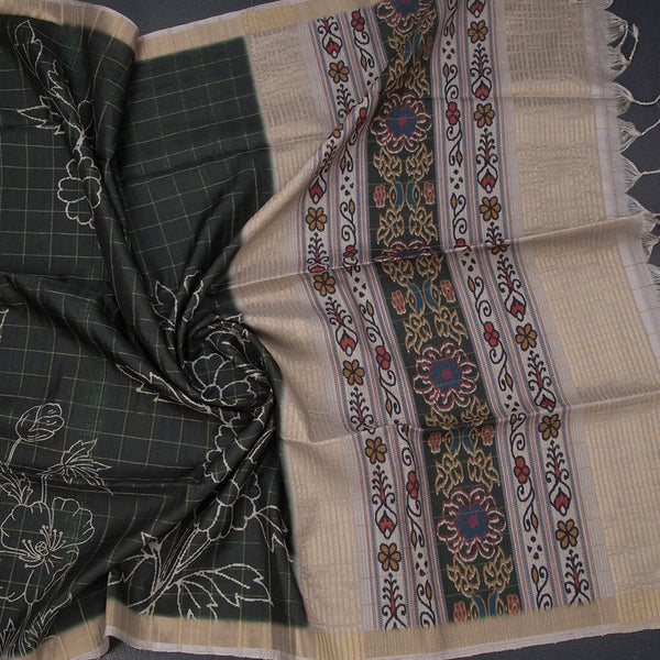 Raw Silk Dark Green Zari Checked With Printed Saree