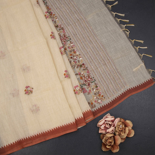 Linen Cream Floral Thread Work Saree 05