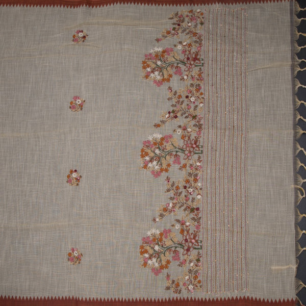 Linen Cream Floral Thread Work Saree 05