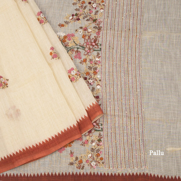 Linen Cream Floral Thread Work Saree 05