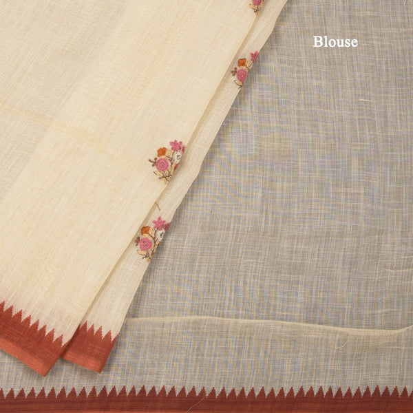 Linen Cream Floral Thread Work Saree 05