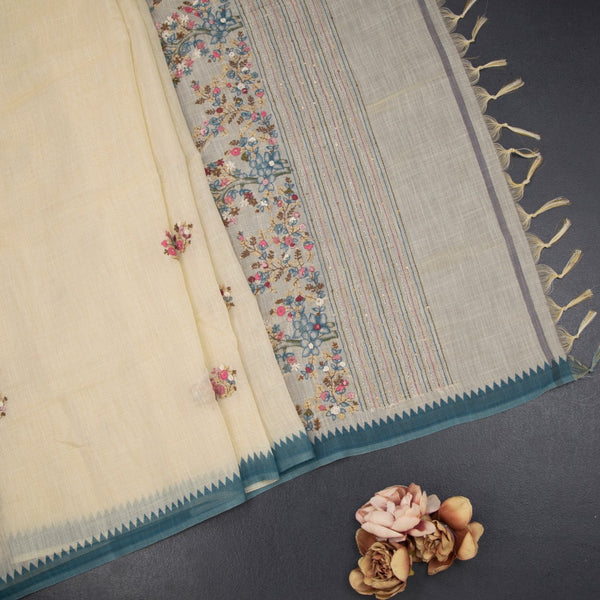 Linen Cream Floral Thread Work Saree 06