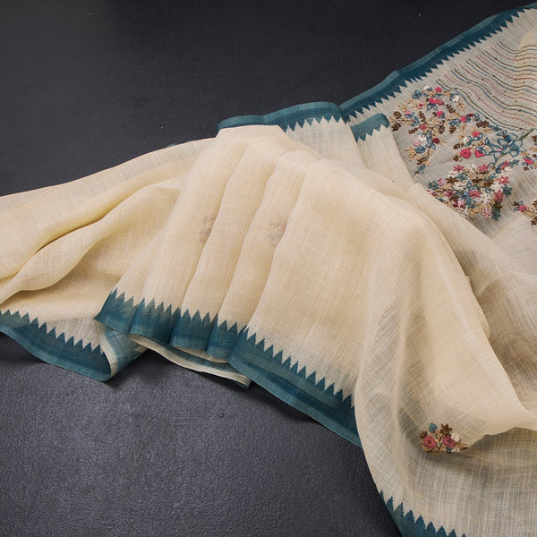 Linen Cream Floral Thread Work Saree 06