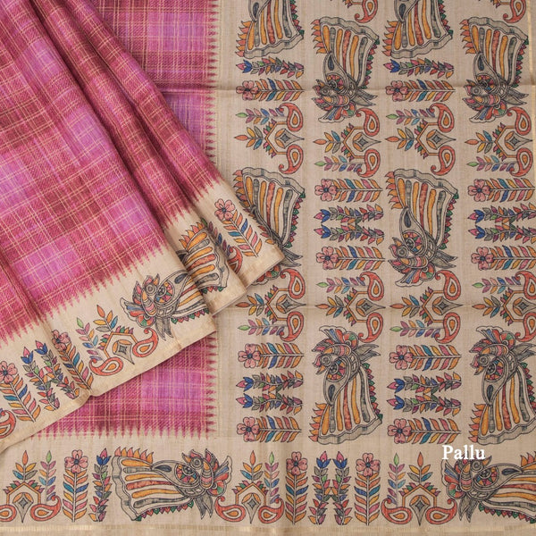 Raw Silk Taffy Pink Zari Checked Saree